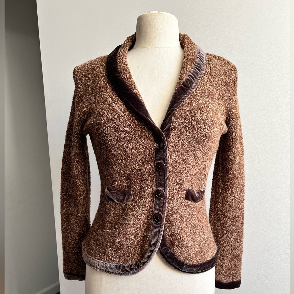 Vintage Anthropologie Boucle Velvet Trim Blazer Cardigan Medium Brown Tan